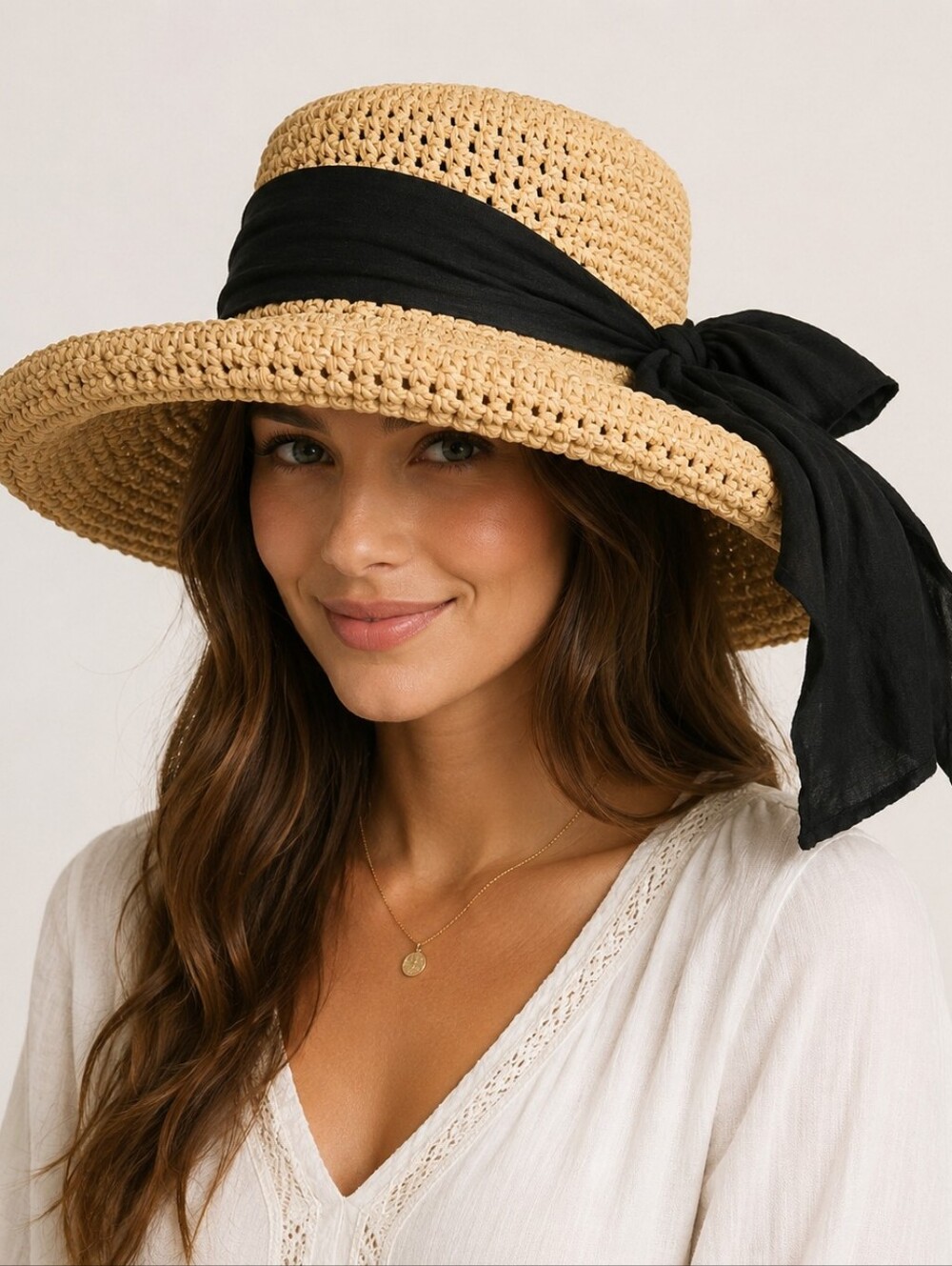 Scala Natural Toyo Straw Woven Sun Hat Black Bow One Size Wide Brim Boho Beach